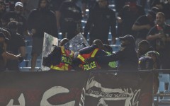  General View of fan being taken by Paramedics after falling during the TotalEnergies CAF Champions League, final 1st leg match between Mamelodi Sundowns and FAR Rabat at Loftus Versfeld Stadium on May 17, 2026 in Pretoria, South Africa. (Photo by Daniel Hlongwane/Gallo Images)