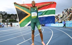 South Africa's Sinesipho Dambile celebrates after competing the men's 200m final. AFP/Andy Buchanan