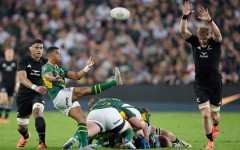 Grant Williams kicks the ball during the Rugby's Greatest Rivalry international rugby union match between South Africa and New Zealand at Ellis Park Stadium. AFP/Phill Magakoe
