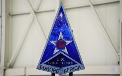 The logo of the United States Space Forces, taken at the ceremony to mark the activation of the US Space Forces Command for Europe and Africa at Ramstein Air Base. Andreas Arnold/dpa Picture-Alliance via AFP