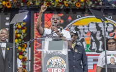 IFP leader Velenkosini Hlabisa addresses supporters during the 2026 local government election manifesto launch. AFP/Rajesh Jantilal