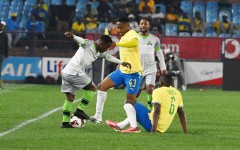 Ndabayithethwa Ndlondlo of Marumo Gallants, Aubrey Modiba of Mamelodi Sundowns FC and Kutlwano Letlhaku of Mamelodi Sundowns. Lefty Shivambu/Gallo Images