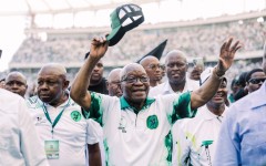 Leader of the Umkhonto We Sizwe (MKP) party and former South African president Jacob Zuma during the party's first anniversary celebrations at the Moses Mabhida Stadium in Durban on December 15, 2024. AFP/Rajesh Jantilal