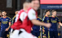 The Arsenal team after the Carabao Cup Fourth Round match between Fleetwood Town and Arsenal at Highbury Stadium. Stuart MacFarlane/Arsenal FC via Getty Images