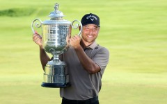 American Xander Schauffele holds the Wanamaker Trophy after winning the PGA Championship at Valhalla for his first major title