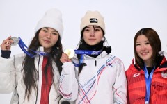 Chloe Kim (L) was relegated to silver medal position in the Olympic halfpipe by South Korea's Choi Gaon (C) while Japan's Mitsuki Ono took bronze