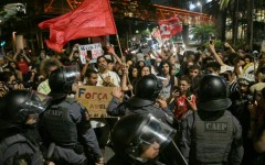 Activists protest against river dredging in the Amazon outside the Sao Paulo headquarters of US agribusiness giant Cargill