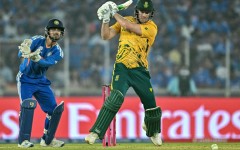 David Miller plays a shot as India wicketkeeper Ishan Kishan watches