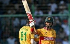 Zimbabwe's captain Sikandar Raza celebrates after scoring fifty against South Africa