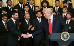 US President Donald Trump shakes hands with Inter Miami's Argentinian star Lionel Messi at an event honoring the club's 2025 MLS Cup title