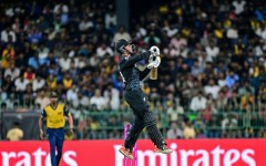 New Zealand's captain Mitchell Santner plays a shot at the World Cup