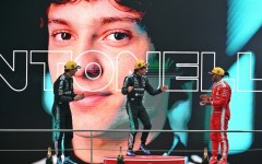 Winner Mercedes' Italian driver Kimi Antonelli (C), second-placed Mercedes' British driver George Russell (L) and third-placed Ferrari's British driver Lewis Hamilton (R) celebrate on the poidum after the Formula One Chinese Grand Prix at the Shanghai International Circuit in Shanghai on March 15, 2026.