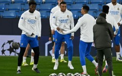 Real Madrid's Kylian Mbappe (C) is set to return to action against Manchester City