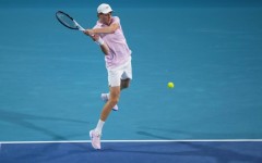 Jannik Sinner blasts a backhand against Corentin Moutet in his victory at the Miami Open