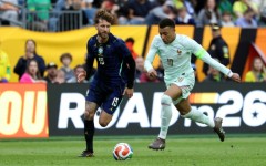 Kylian Mbappe (R) in action for France in Thursday's friendly win over Brazil in the United States