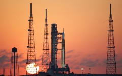 NASA's Artemis II Space Launch System (SLS) rocket and Orion spacecraft at sunrise at Launch Pad 39B at the Kennedy Space Center in Cape Canaveral, Florida