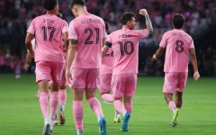 Lionel Messi celebrates after scoring Inter Miami's first goal in their new Nu Stadium