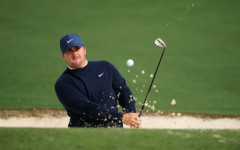 World number 11 Chris Gotterup of the United States plays a shot from a bunker on the second hole during a practice round ahead of his Masters debut at Augusta National