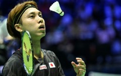 Japan's Kodai Naraoka tosses up a shuttlecock at the badminton world championships in Paris on August 28