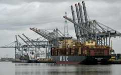 A container ship docked in Antwerp, where an oil spill caused a near-shutdown of maritime traffic