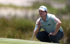 England's Matt Fitzpatrick lines up a putt on the way to the 36-hole lead in the US PGA Tour RBC Heritage