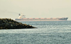 The Strait of Hormuz, pictured here before the war, has been virtually closed off by the conflict