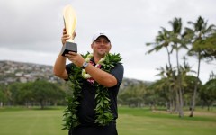 Chris Gotterup celebrates with the trophy after winning this year's Sony Open. The PGA Tour is now scrapping its season-opening swing in Hawaii