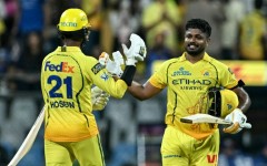Chennai Super Kings' Sanju Samson (R) brought up his century with the last ball of the innings