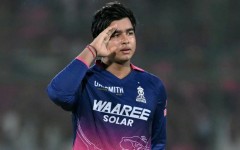 Vaibhav Sooryavanshi celebrates after scoring a century in the IPL