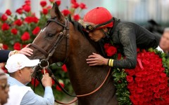 Jockey Jose Ortiz celebrates his Kentucky Derby victory aboard Golden Tempo