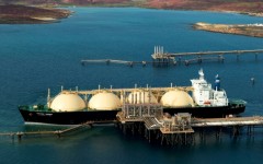 An LNG tanker berthed at the Karratha gas plant loading terminal in Western Australia.