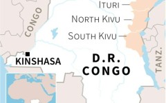 Map of the Democratic Republic of Congo locating the provinces of Ituri, North Kivu and South Kivu
