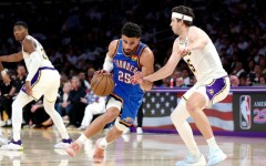 Oklahoma City's Ajay Mitchell drives to the basket against Austin Reaves of the Los Angeles Lakers in the Thunder's win in game three of their NBA playoff series