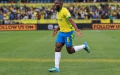 Aubrey Modiba celebrates scoring for Mamelodi Sundowns against FAR Rabat in the CAF Champions final first leg.