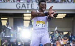 Noah Lyles celebrates winning the men's 100m race at the Golden Grand Prix in Tokyo on Sunday