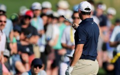 Six-time major winner Rory McIlroy yells at a heckler in the crowd who screamed while he was making a key shot at the par-five 16th hole in the final round of the PGA Championship