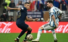 Kylian Mbappe and Lionel Messi in action during the 2022 World Cup final between France and Argentina