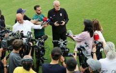 The vice-president of the Iranian Football Federation, Mahdi Mohammad Nabi, speaks to the media during a training session in Turkey