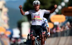 Jhonatan Narvaez celebrates winning his third stage of this year's Giro d'Italia