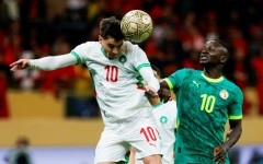 Morocco striker Brahim Diaz (L) heads the ball past Senegal captain Sadio Mane during the 2025 Africa Cup of Nations final in Rabat.
