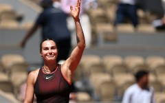 Aryna Sabalenka celebrates after winning against Jessica Bouzas Maneiro at Roland Garros