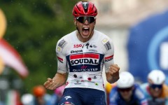 Soudal Quick-Step's French rider Paul Magnier celebrates as he wins the 18th stage of the Giro d'Italia at Pieve di Soligo