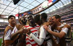 Folarin Balogun celebrates with his teammates after scoring the United States' third goal against Paraguay on June 12, 2026. The hosts went on to win 4-1 in the Group D match at Los Angeles Stadium