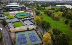 An aerial photograph taken on October 14, 2024 show a general view of the All England Lawn Tennis Club and of the Wimbledon Park Golf Course southwest London