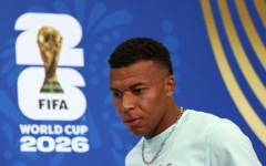Kylian Mbappe at a press conference in Philadelphia on Sunday -- he is set to win his 100th cap for France in Monday's World Cup clash with Iraq