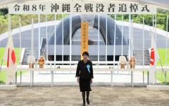 Japan's Prime Minister Sanae Takaichi walks away from the Peace Park Memorial after laying flowers for All War Dead, marking 81 years since the end of the Battle of Okinawa during World War Two