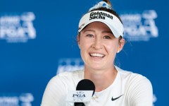 World number one Nelly Korda talks to reporters before the Women's PGA Championship, where she's chasing a third straight major title