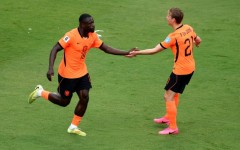 Dutch forward Brian Brobbey (left) celebrates scoring against Tunisia in their World Cup Group F match in Kansas City