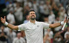 Serbia's Novak Djokovic celebrates beating China's Wu Yibing.