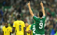 Mexico forward Raul Jimenez celebrates scoring against Ecuador in the World Cup round of 32 at the Azteca Stadium